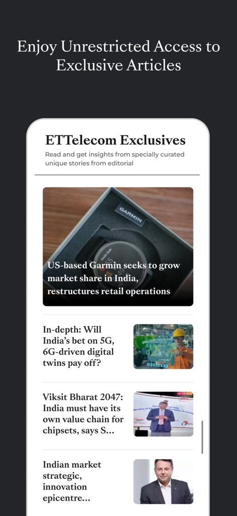 Pantalla que muestra artículos de noticias exclusivas de telecomunicaciones e información de la industria en la aplicación ETTelecom.