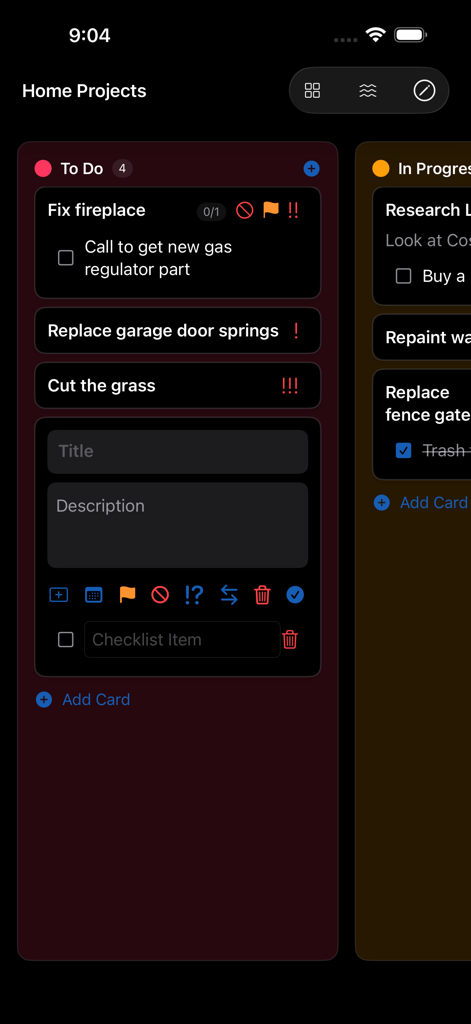 My Task Board - To Do Tracker - Ein Kanban-Board im Dark Mode, das eine To-Do-Liste mit Karten für Heimprojekte und eine Schnittstelle zur Aufgabenbearbeitung anzeigt