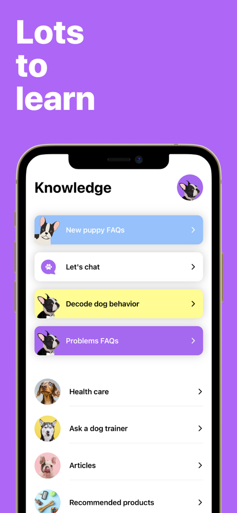 EveryDoggy - Dog Training App - A screenshot of the EveryDoggy app Knowledge section showing training guides and expert advice options