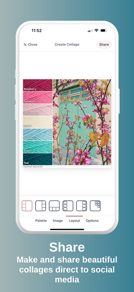 Crochet Studio app interface showing how to create and share color palette collages from images for social media.
