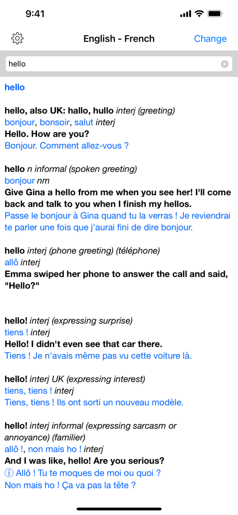 Screenshot der Benutzeroberfläche der Französisch-Englisch-Wörterbuch-App mit mehreren Übersetzungen und Kontextbeispielen für das Wort hello.