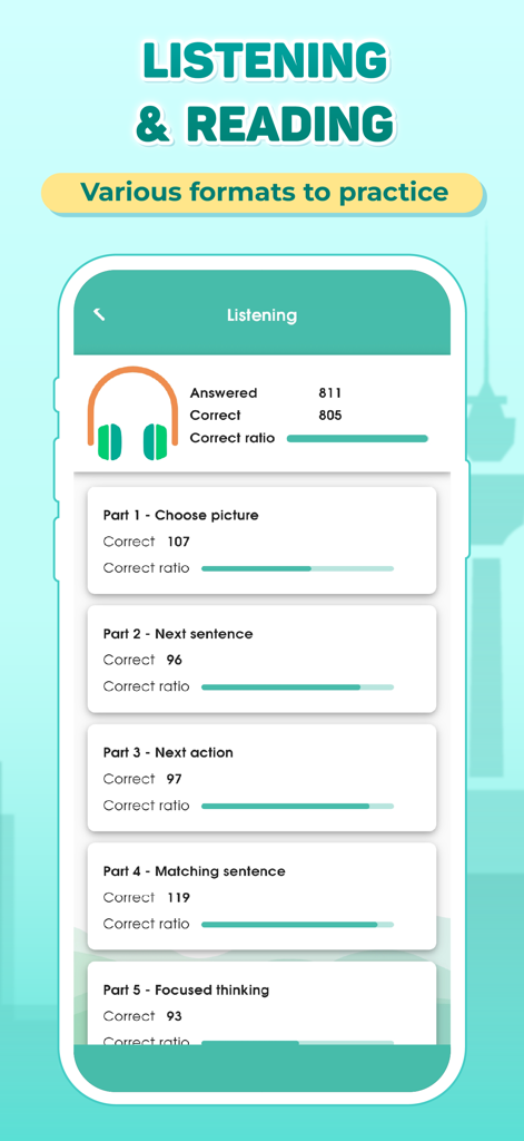 Migii TOPIK 1-6 & EPS TOPIK - Migii TOPIK app screen showing listening practice formats and progress statistics