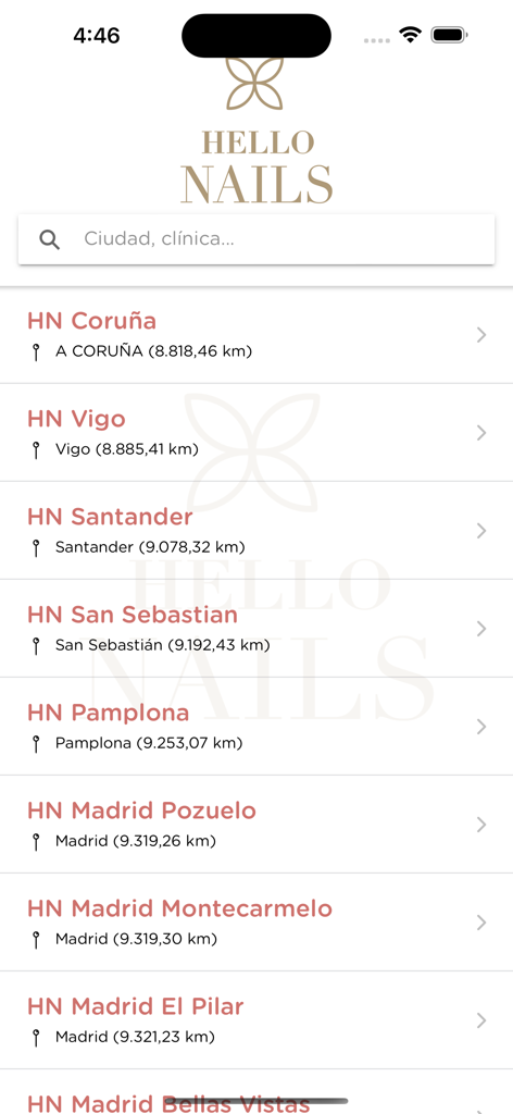 Mobile screen showing a list of Hello Nails salon locations for appointment booking