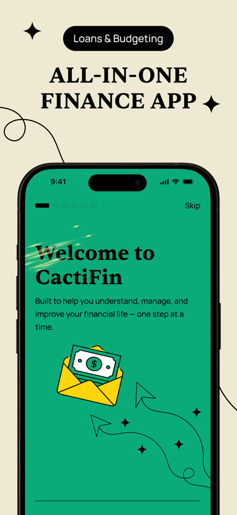 CactiFin all-in-one finance app welcome screen showing loans and budgeting features