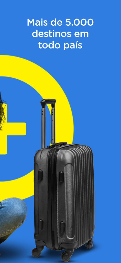 Valise grise sur fond bleu avec un texte promouvant plus de 5 000 destinations de voyage au Brésil