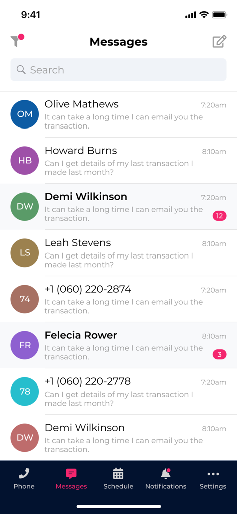 Kasper App screen displaying a list of patient text messages and communication history for a dental practice.