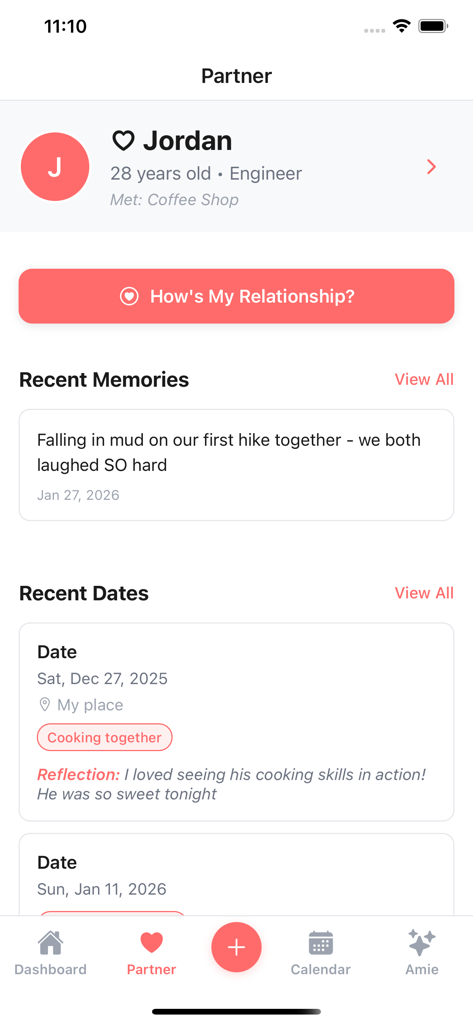 Heartlog - Dating Journal - A screenshot of the Heartlog app showing a partner profile page with recent memories and dating history.