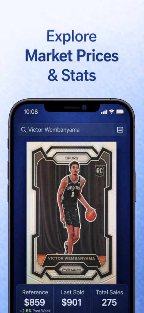 Sports Card Scanner Pro - Mobile app interface showing real-time market value and sales statistics for a Victor Wembanyama basketball card