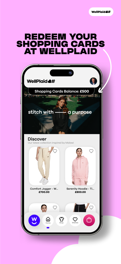 Winnrz - Interface of the Winnrz app showing fashion items for sale and a shopping card balance for redemption at WellPlaid