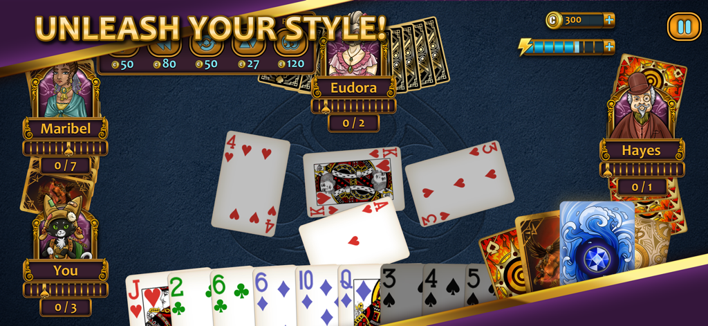 Aces Spades card game interface featuring Victorian characters and customizable card styles.