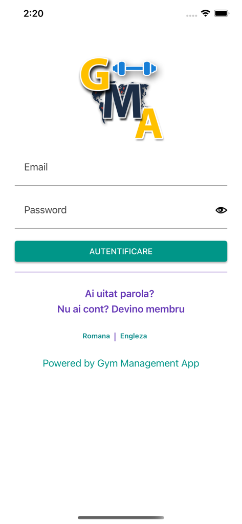 Pantalla de inicio de sesión de la aplicación de gestión de gimnasios GMA