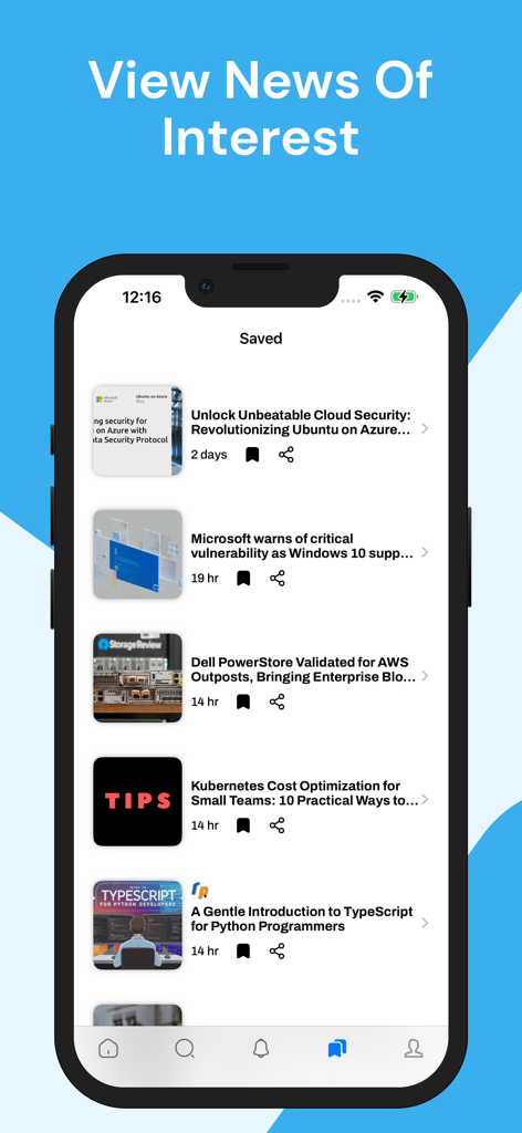 Cloud & Big Data News - Interfaz de la aplicación Cloud and Big Data News mostrando una lista de artículos técnicos guardados en un iPhone.