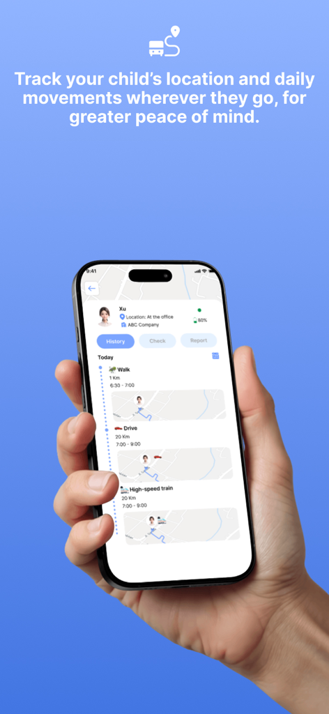 Tela do smartphone mostrando o histórico de localização diário e o recurso de rastreamento de movimento do aplicativo GPS Family Tracker