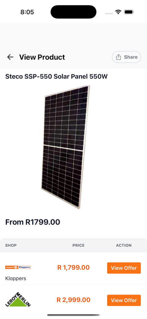 Screenshot of the PriceCheck app displaying price comparisons for a Steco 550W solar panel from different retailers