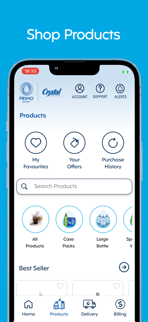 Interface of the My Water+ app showing the Shop Products screen with options for water bottles, case packs, and coffee delivery.