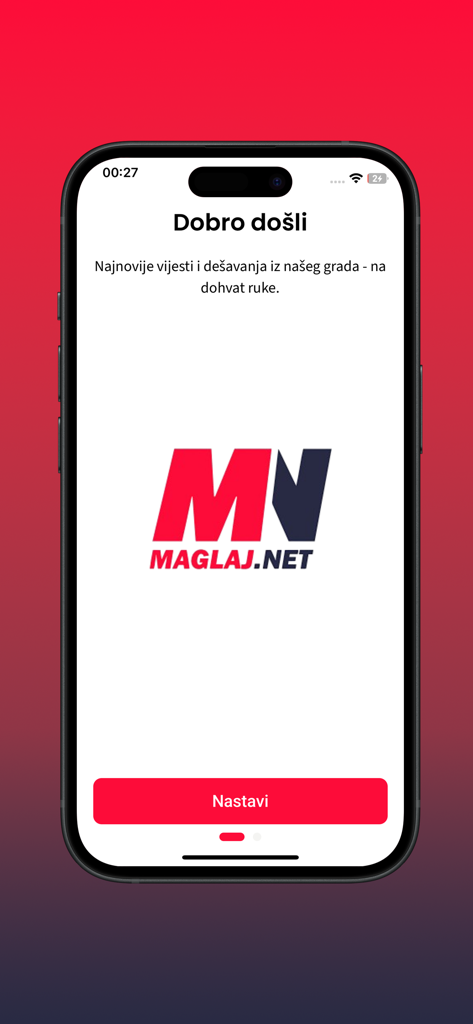 MAGLAJ.NET - Welcome screen of the MAGLAJ.NET mobile app for local news and events showing the logo and a continue button.