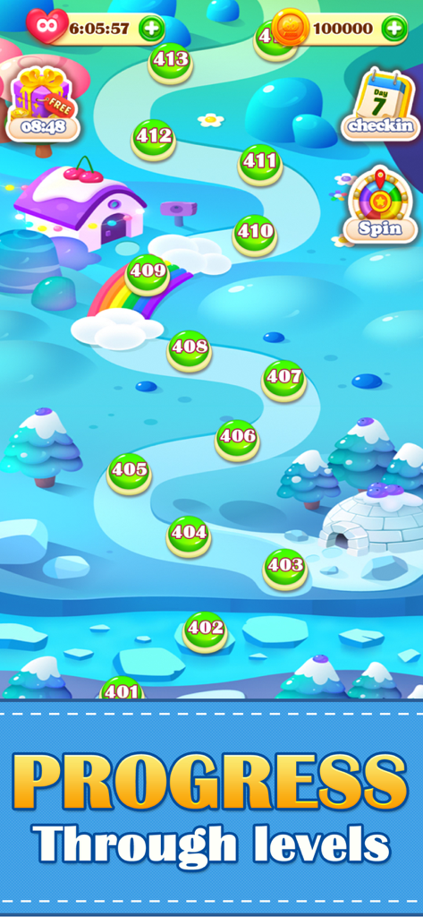 Dream Match - Fun Puzzle Games - Level progression map in the Dream Match puzzle game showing a winding path through a magical and snowy landscape.