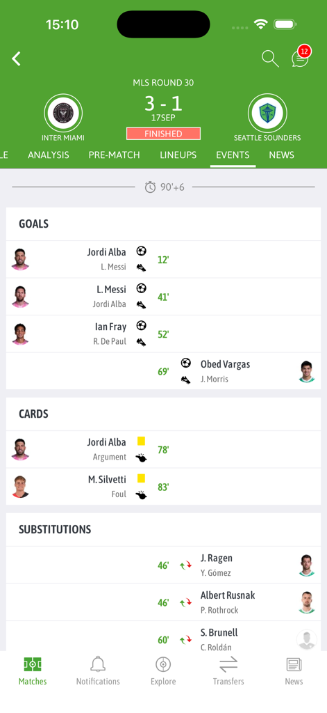 BeSoccer Plus - BeSoccer Plus app display of MLS match events for Inter Miami vs Seattle Sounders