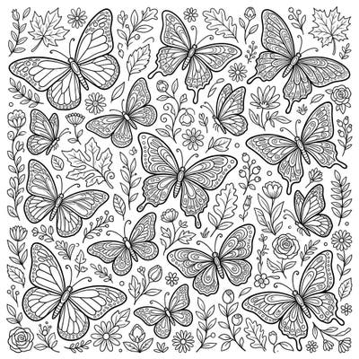 Discover a breathtaking array of butterflies gracefully flitting among a beautiful tapestry of flowers and leaves on this captivating coloring page. Perfect for adults and teens, it offers a serene escape to unleash your creativity with vibrant colors.