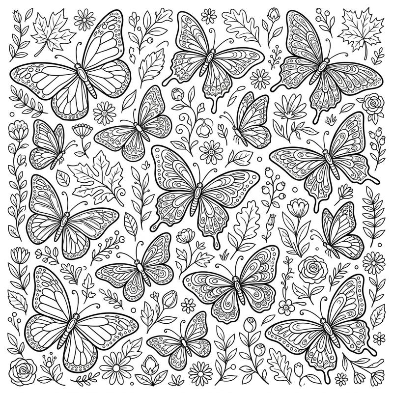 Discover a breathtaking array of butterflies gracefully flitting among a beautiful tapestry of flowers and leaves on this captivating coloring page. Perfect for adults and teens, it offers a serene escape to unleash your creativity with vibrant colors.