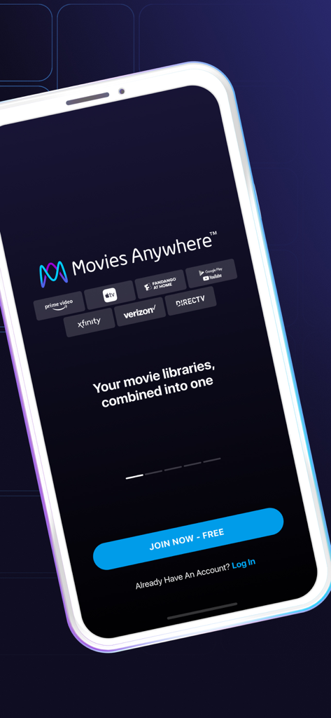 Movies Anywhere - Schermata di benvenuto dell'app mobile Movies Anywhere che mostra l'integrazione di più rivenditori di film digitali come Prime Video e Apple TV.