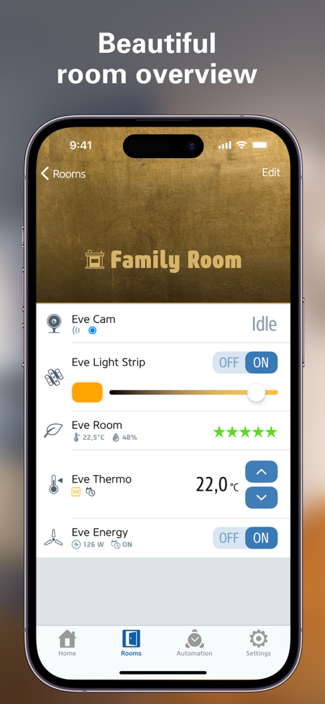 Eve for Matter & HomeKit - Eve app interface showing family room smart home devices including light strip and thermostat controls