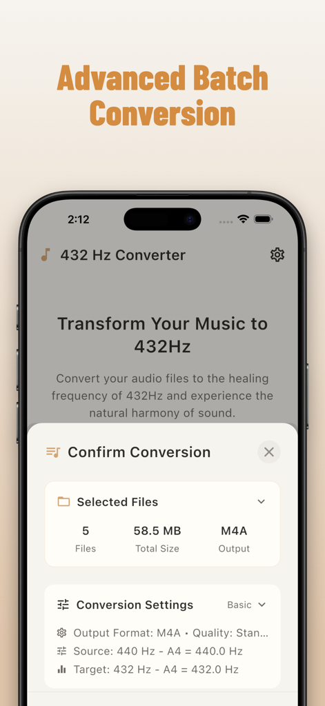 The 432 Hz Converter app interface showing the confirm conversion screen for a batch of five M4A files being shifted from 440Hz to 432Hz.