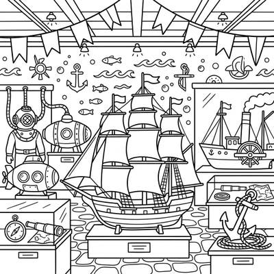 Dive into a world of nautical wonders with this engaging coloring page designed especially for toddlers. Little explorers will love bringing to life the ships, submarines, and sea treasures found in this friendly maritime museum.