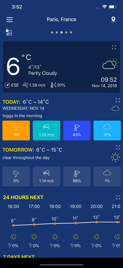 Accurate Weather forecast pro - Accurate Weather forecast pro app dashboard showing current temperature humidity and 24 hour weather forecast for Paris