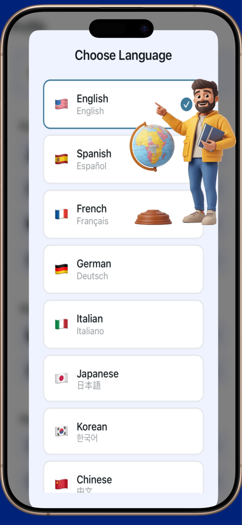 Calo AI - Calorie Counter - Pantalla de selección de idioma de la aplicación Calo AI con un personaje 3D y varias opciones de idioma como inglés, español y francés