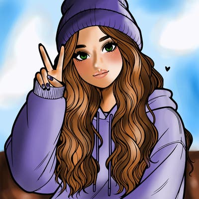 a teenage girl in a beanie, oversized sweatshirt, wavy long hair, and is showing a ✌️