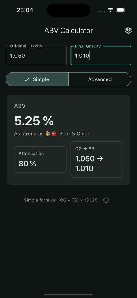 ABV Calculator - Minimalistic - ABV計算機アプリのインターフェース。ビールとサイダーのアルコール含有量と発酵度を表示。