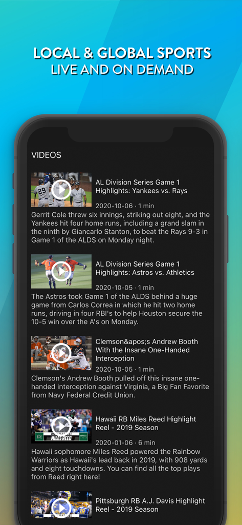 DistroTV - Live TV & Movies - Interfaz de la aplicación DistroTV que muestra videos deportivos locales y globales disponibles en vivo y bajo demanda