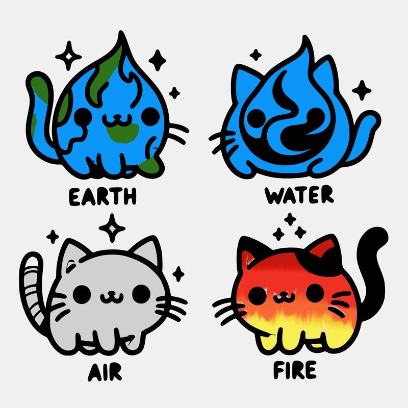 4 cats that represent the different elements, earth, water, air, and fire
