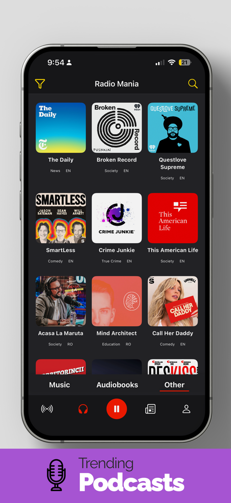 Radio Mania (Sound Hub) - Pantalla de la aplicación Radio Mania que presenta podcasts de moda como The Daily y Crime Junkie.