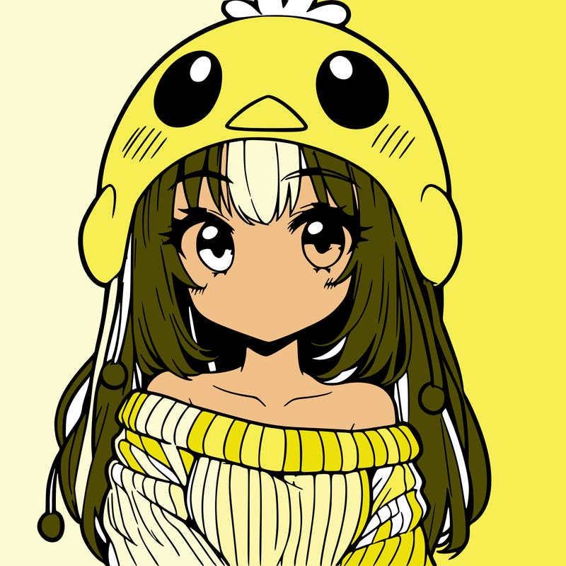 anime girl with chick shaped hat with sweater with bare shoulders with bangs covering them one eye with low tail
