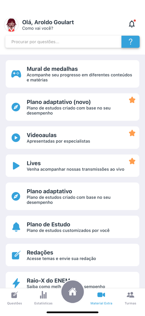 Estuda.com ENEM e Vestibular - Main interface of Estuda.com showing study plans and video lessons