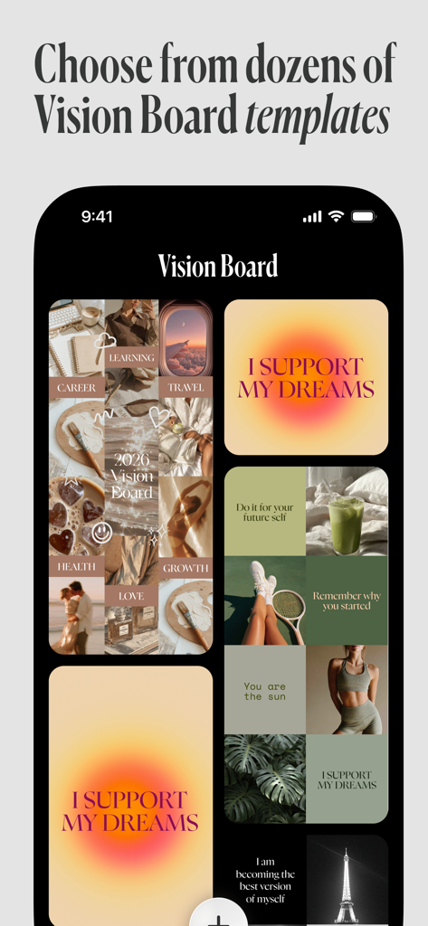 Vision Board Maker | Manifest - Una colección de plantillas estéticas de tableros de visión con citas de manifestación y fotos de estilo de vida.