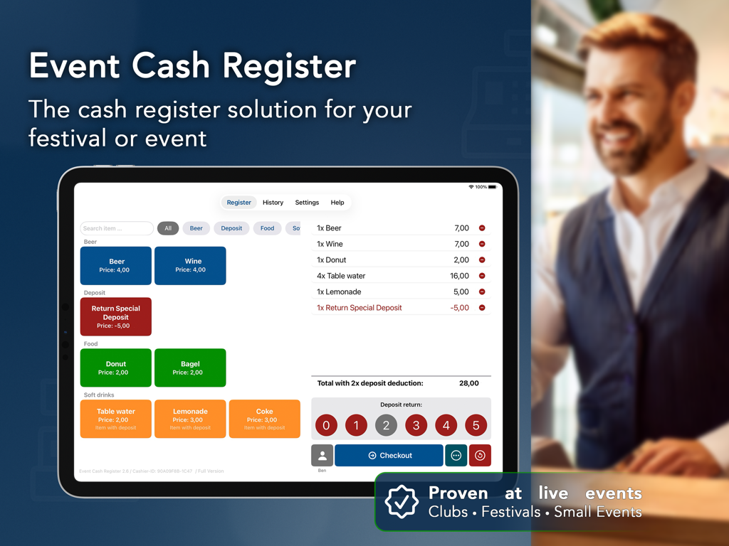 Interface do aplicativo Caixa de Eventos em um iPad mostrando um menu de vendas para festivais e pequenos eventos