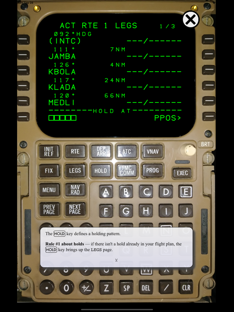 アクティブなルートレッグとホールドパターンに関するチュートリアルポップアップを表示するボーイング757 767 FMSエミュレーターインターフェイス