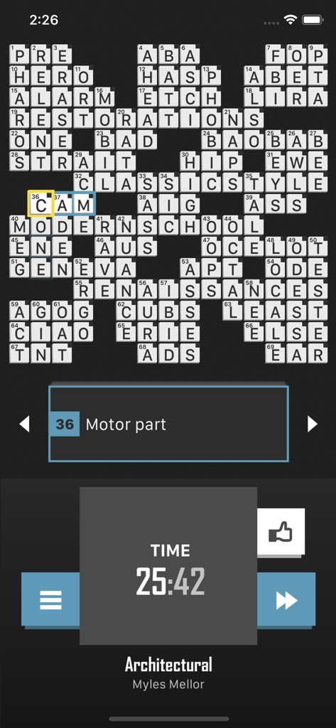Crossword puzzle game interface in dark mode showing a puzzle grid and a timer