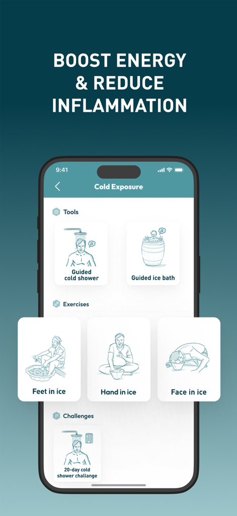 Wim Hof Method: Breathwork - Panel de exposición al frío en la aplicación Método Wim Hof que muestra ejercicios de ducha fría guiada y baños de hielo.