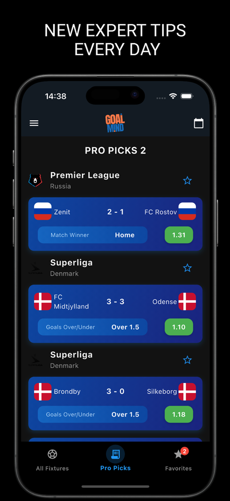 Goal Mind Soccer Predictions - Tela de dicas de apostas de futebol Goal Mind mostrando previsões especializadas e odds para partidas de futebol