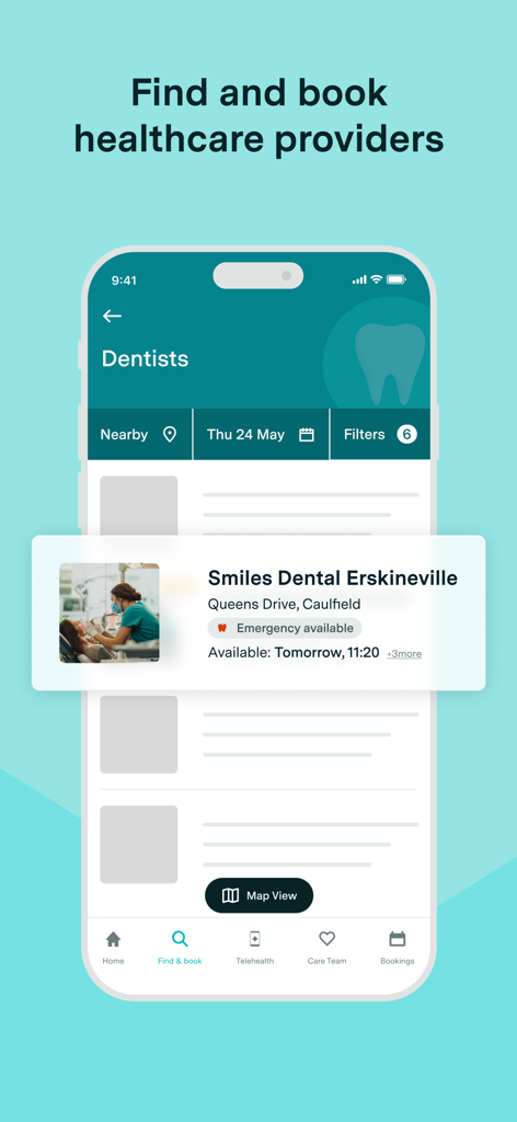 Healthengine - Healthengine mobile app showing dental clinic search results and appointment booking options