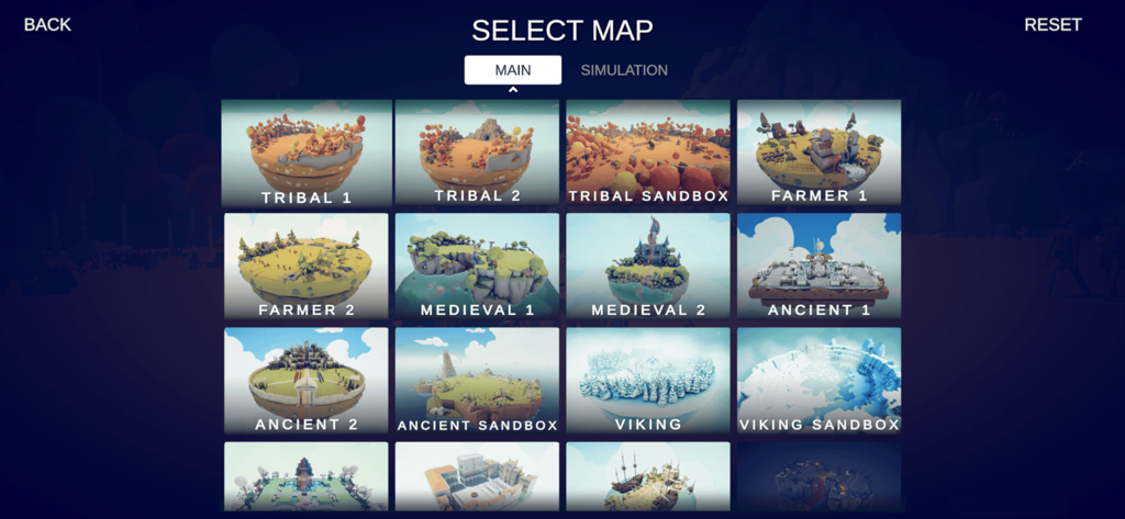 Map selection screen in TABS Pocket Edition showing various levels like Tribal Farmer Medieval and Viking
