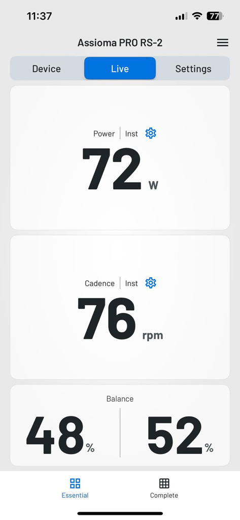 Favero Assioma app live view displaying real time power cadence and leg balance metrics