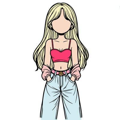 girl with long hair baggy jeans and a crop top no mouth