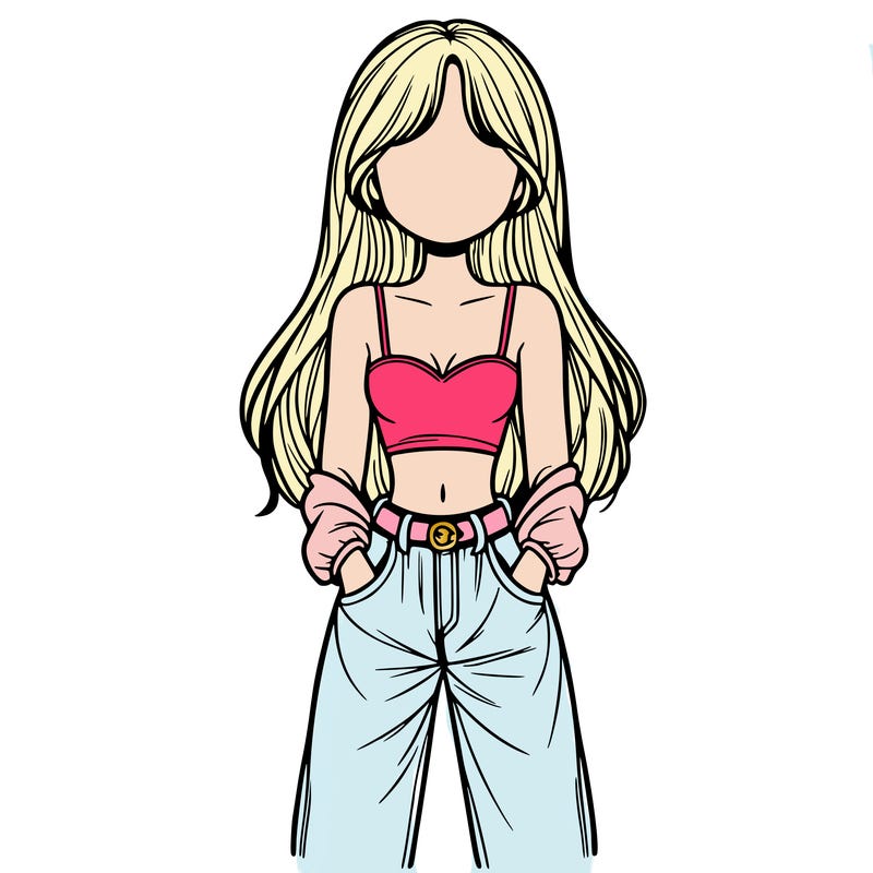 girl with long hair baggy jeans and a crop top no mouth