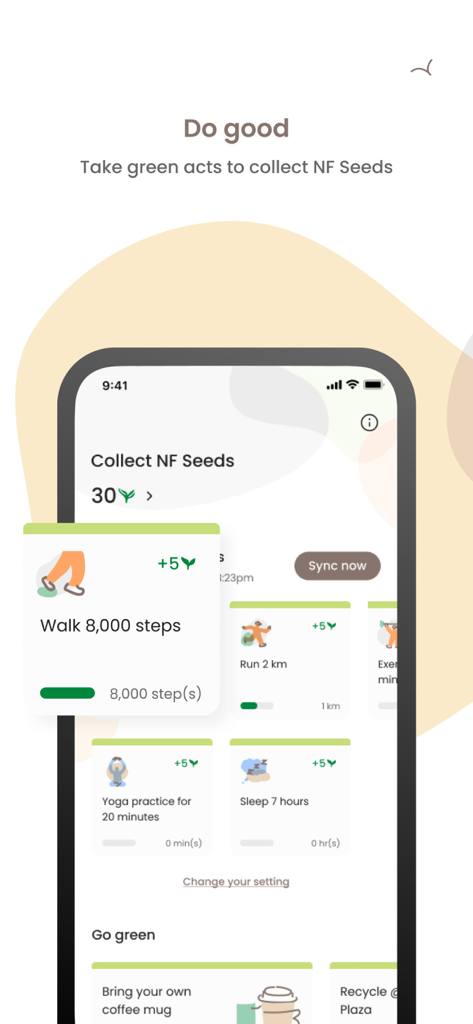 NF Touch - NF Touch app screen showing wellness and sustainability goals to earn NF Seeds