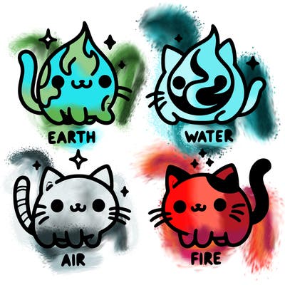 4 cats that represent the different elements, earth, water, air, and fire